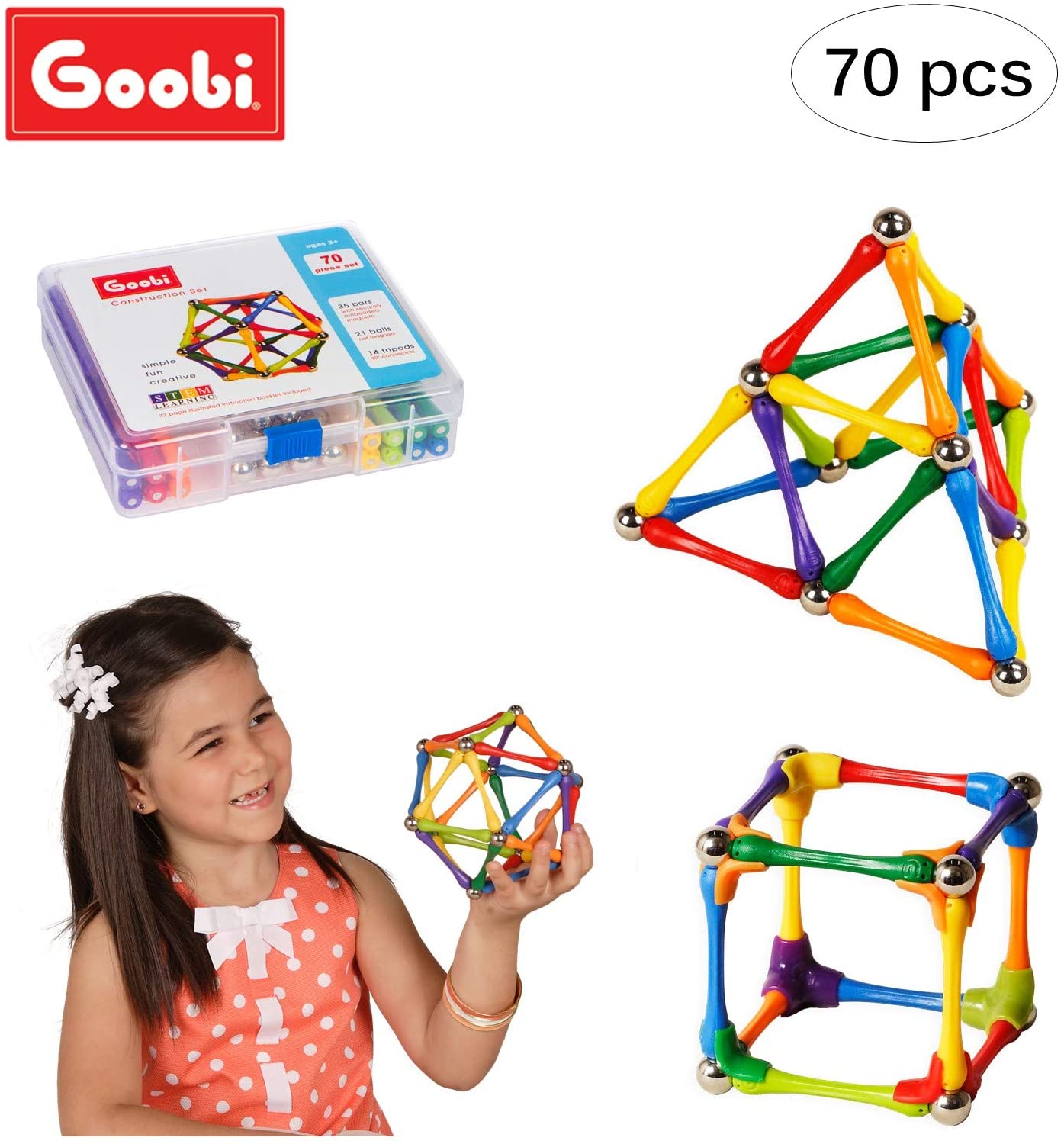 Goobi 70 Piece Construction Set Building Toy Active Play Sticks STEM Learning Creativity Imagination Children’s 3D Puzzle Educational Brain Toys for Kids Boys and Girls with Instruction Booklet