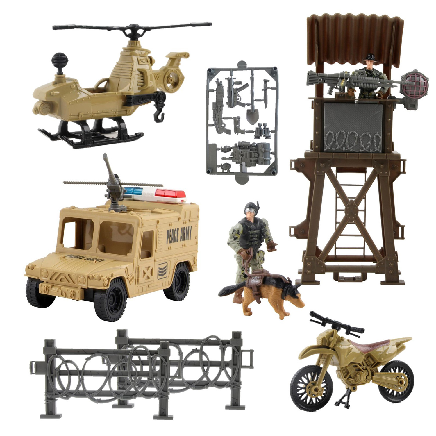 Deluxe Military Special Operations Combat Series Battle Play Set Includes Lookout Watch Tower Helicopter Motorcycle Armored Vehicle Army Dog Two Soldiers And Artillery Perfect Kids Action Toys