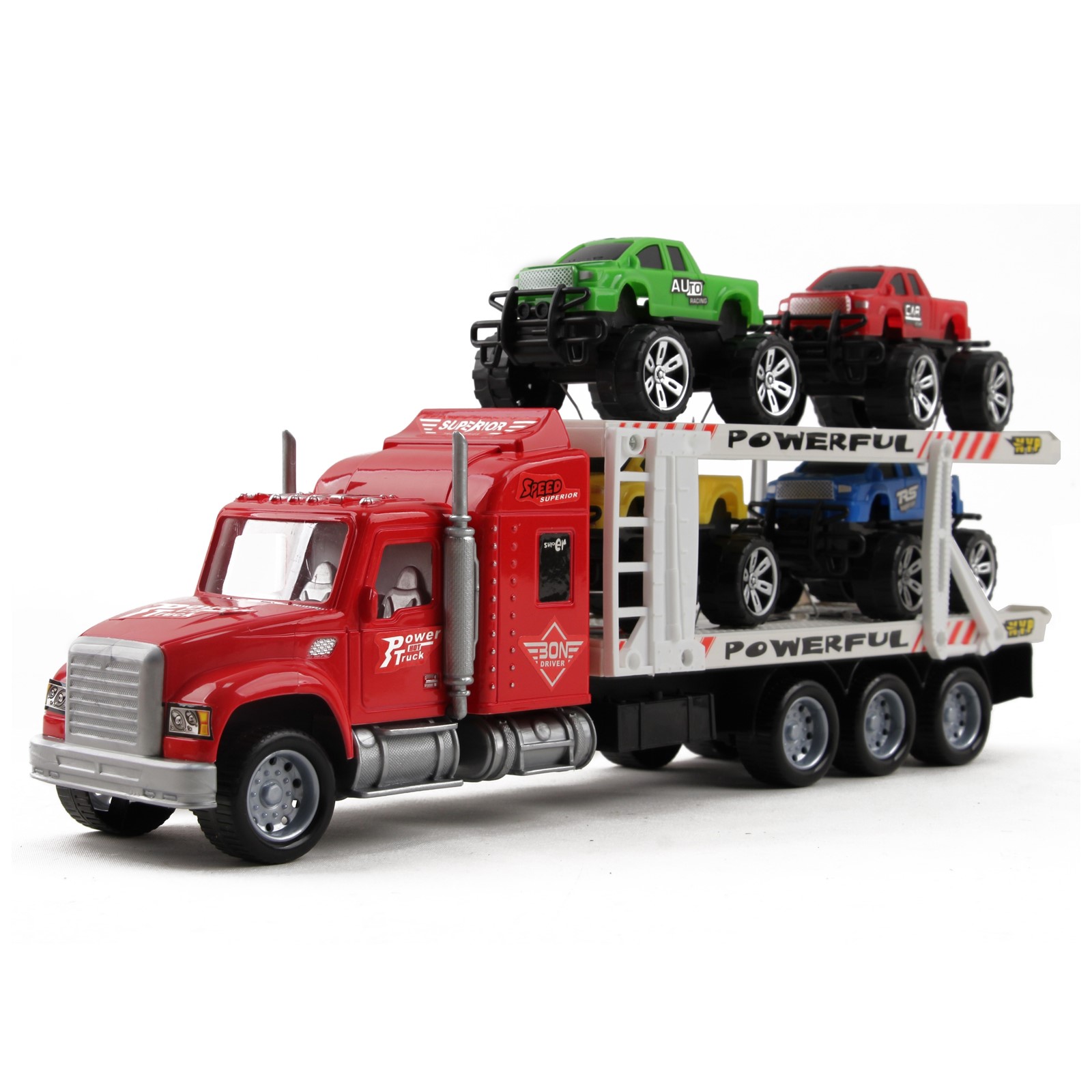 Friction Powered Toy Semi Truck Trailer 14.5" With Four Lifted Pickup Cars Kids Push And Go Big Rig Carrier 1:32 Scale Auto Transporter Semi-Truck Play Vehicle Great Gift For Children Boys Girl