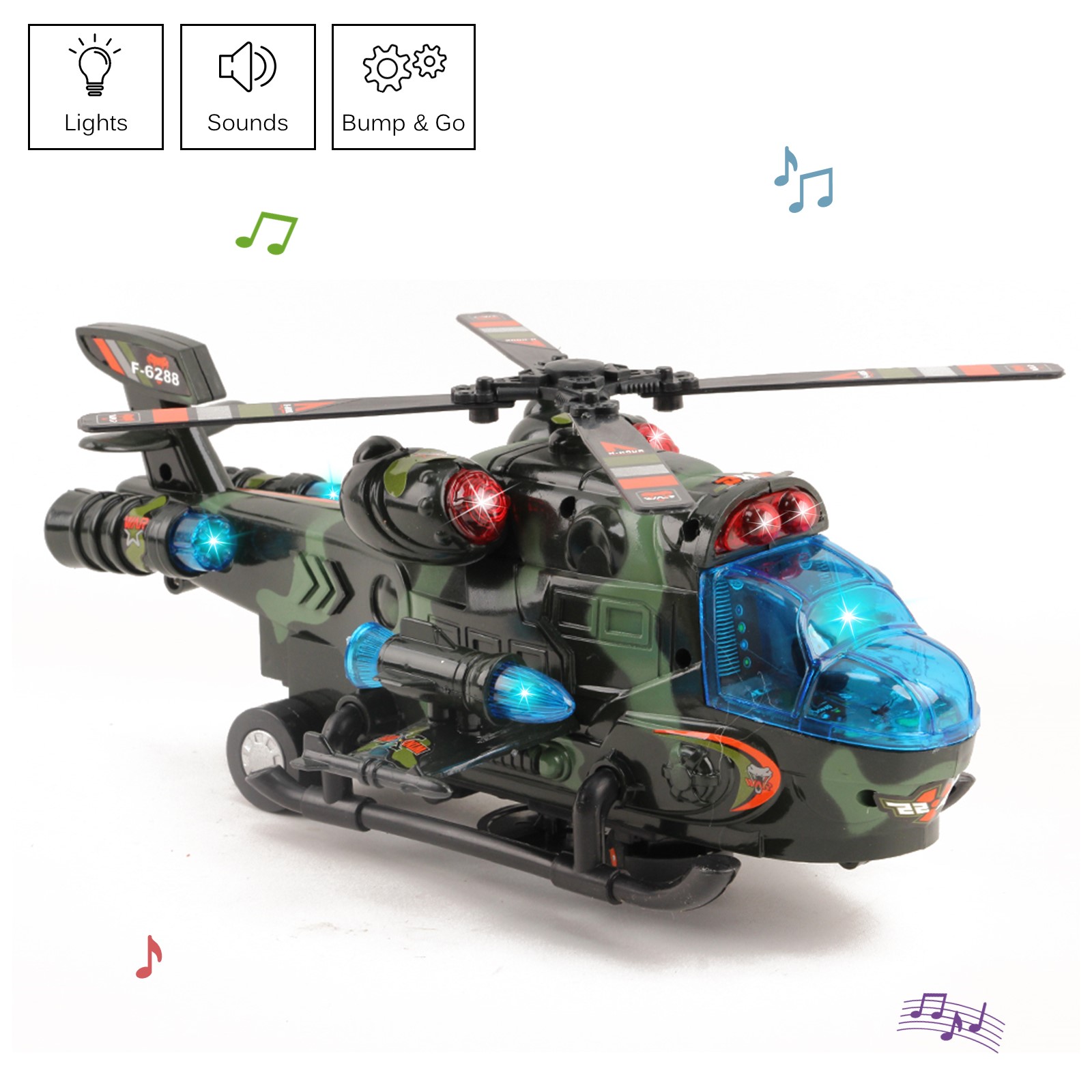 Vokodo Military Helicopter With Lights Sounds Bump And Go Self Riding Army Chopper Aircraft Toy Durable Battery Operated Kids Action Airplane Pretend Play Great Gift For Children Boys Girls Toddlers